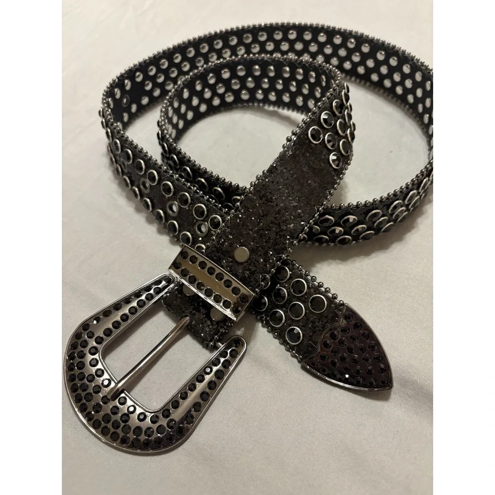 Black Silver Studded Rhinestone Bling Women's Belt with Metallic Buckle